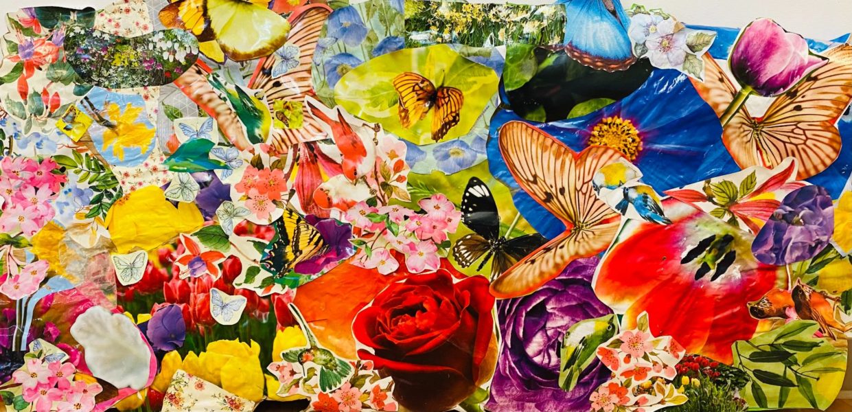 CATERPILLAR COLLAGE | Calendar Images and Glue | Upon reading “The Very Hungry Caterpillar” in spring, students learned about caterpillars, butterflies, and their life cycle.  Their magical metamorphosis inspired this large scale collaborative collage.