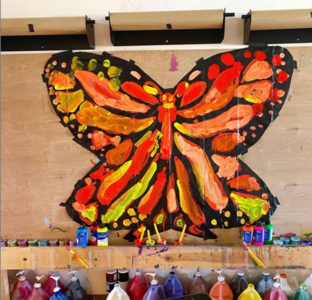 BUTTERFLY DAYS OF SPRING | Tempura Paint on Paper | Upon reading “The Very Hungry Caterpillar” in spring, students learned about caterpillars, butterflies, and their life cycle.  They studied their habits and bodies to inspire this large scale collaborative painting of a butterfly.