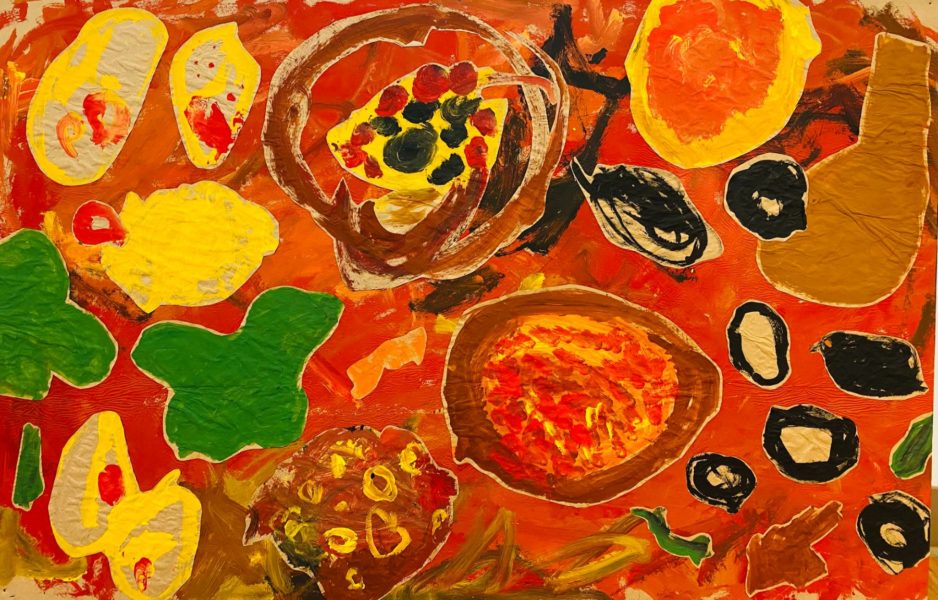 MUSIC + PIZZA | Tempura Paint on Paper | EarlystART classrooms use a Project Approach to lead students through child-led discovery and intentional play-based learning. This collaborative mural depicts favorite subjects and honors these artists as individuals and as members of a classroom family.