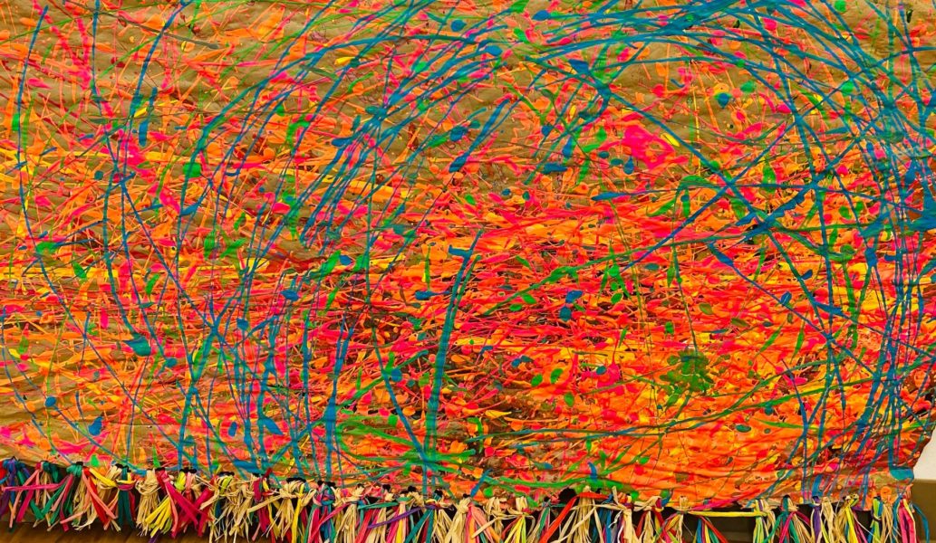 PENDULUM PAINTING | Tempura Paint on Craft Roll Paper | Students played and experimented with pendulum painting, a mark making technique that paints the paper below in an elliptical pattern using physics. Students learned about motion and gravity by exchanging their paintbrush for a swinging cup.