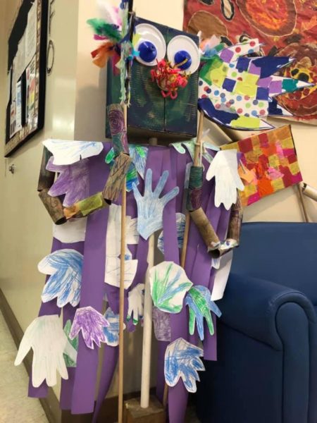 MIXED MEDIA MOBILE SCULPTURES | Cardboard, Tissue Paper, Cardstock, Paint, Crayons, Feathers, Pipe Cleaners, and Paper Towel Rolls | Mr. Alex Espy, resident artist with Messner Puppet Theatre, created these wonderful puppet sculptures with children for interactive arts experiences.