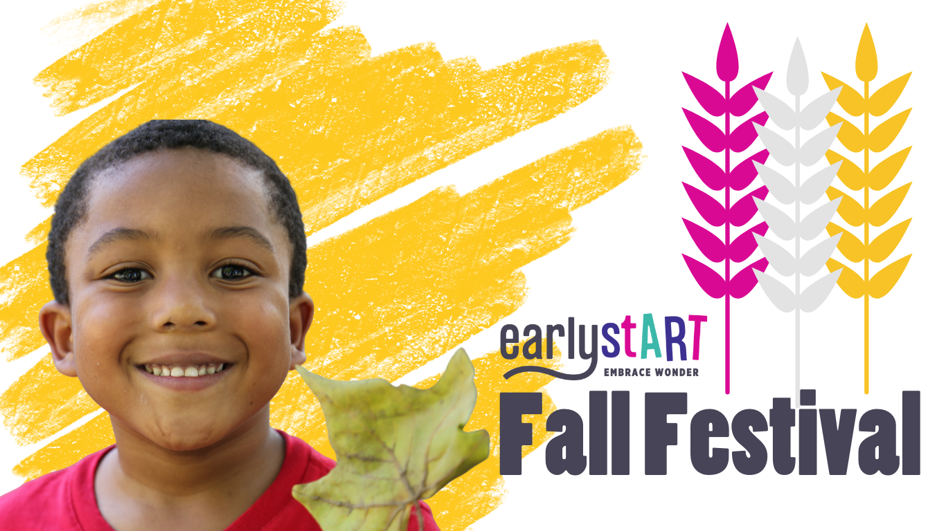 A smiling EarlystART little learner on a banner for the Fall Festival